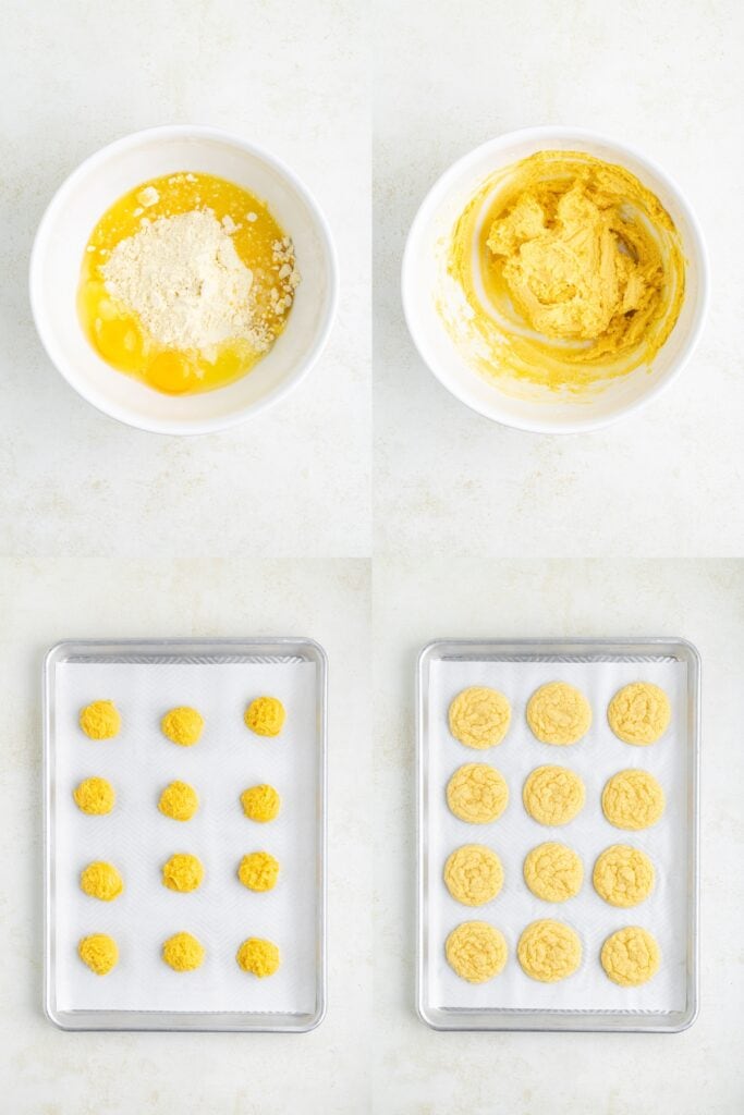 Four-step cookie making: mixing ingredients, shaping dough, placing dough balls on tray, and baked cookies finished.