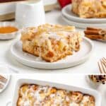 Apple Cinnamon Roll Casserole with icing on a white plate, garnished with apples and cinnamon sticks.