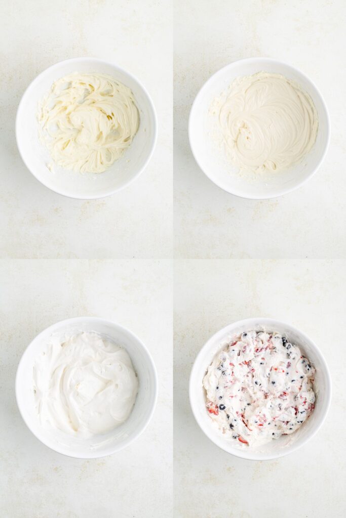 Four bowls show steps making creamy fruit salad: cream cheese mix, blended base, whipped cream, fruit mixed in.