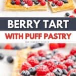 Berry Puff Pastry Tart topped with cream, raspberries, blueberries, and powdered sugar, cut into squares.