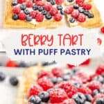 Rectangular fruit tart with cream, raspberries, strawberries, blueberries, and powdered sugar, sliced on parchment paper.