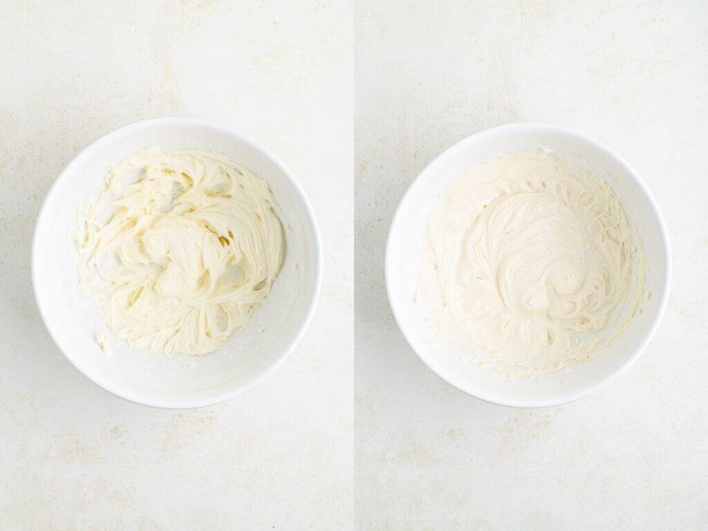 Two white bowls with creamy mixtures: left is thicker, right is smoother and more whipped, on light background.