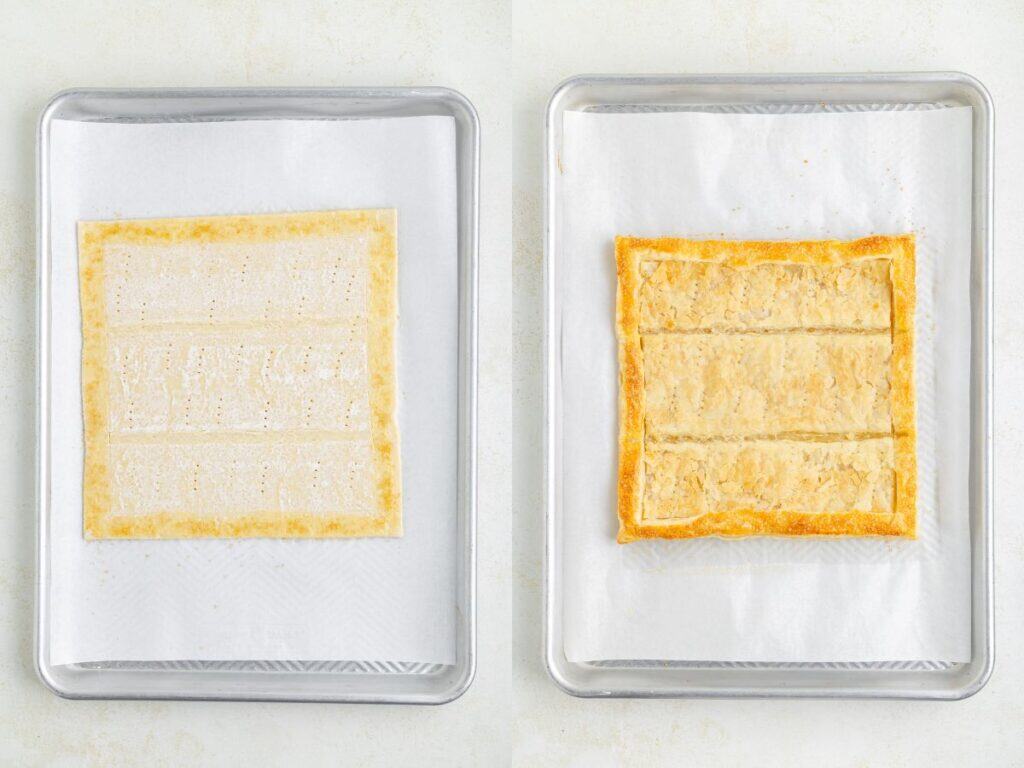 Raw and baked puff pastry sheets side by side on parchment paper, showing pricked and golden browned states.