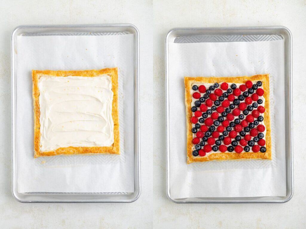 Two baking trays: one with cream-covered puff pastry, one with puff pastry topped diagonally with berries.