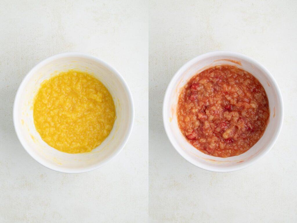 Two white bowls: crushed pineapple in the left bowl, crushed pineapple mixed with cherry filling in the right bowl.