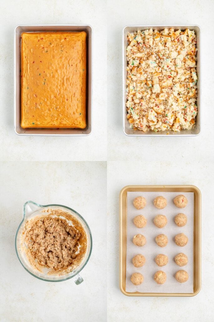 Four cake pop preparation stages: baked cake, crumbled cake, mixed with frosting, and rolled balls on tray.