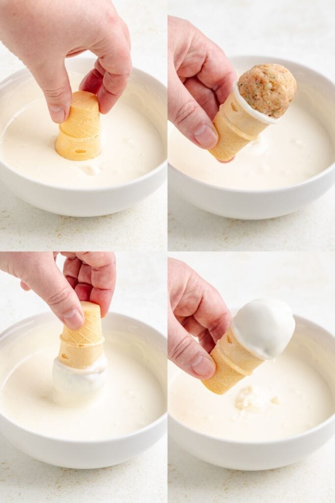 Hand dips cone-shaped cookie with round filling into white icing, shown in four-step process grid.