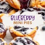 Stacked blueberry mini pies with white icing on a light surface; text promotes recipe at semi homemade kitchen.
