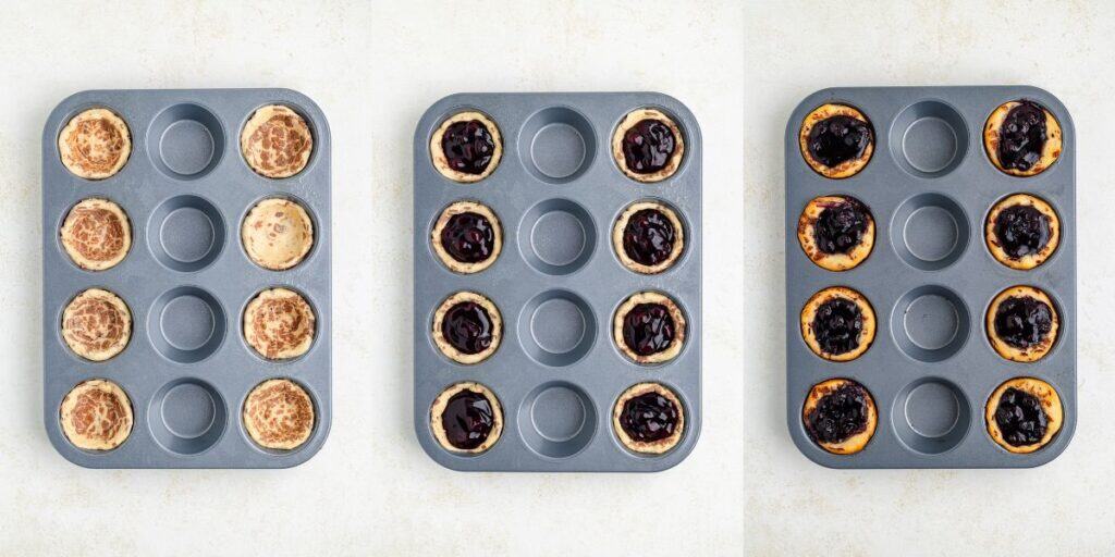 Three muffin tins showing pastries: plain dough, filled with pie filling, and baked golden.