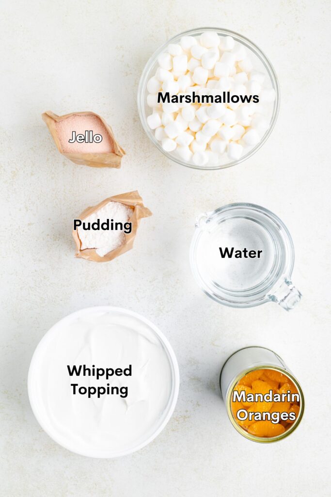 Dessert ingredients: marshmallows, Jello powder, pudding mix, water, whipped topping, mandarin oranges on white surface.