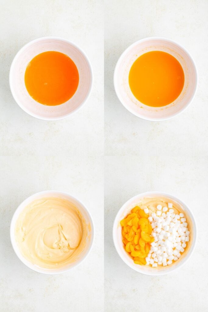 Four mixing bowls in sequence showing stages of making orange fluff salad with batter, oranges, and marshmallows.