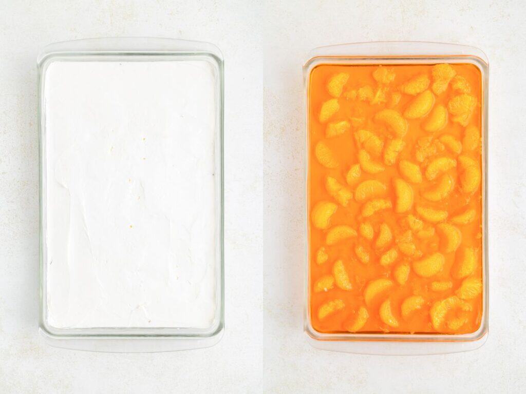 Two glass dishes: one with white whipped topping, the other with orange gelatin and mandarin segments.