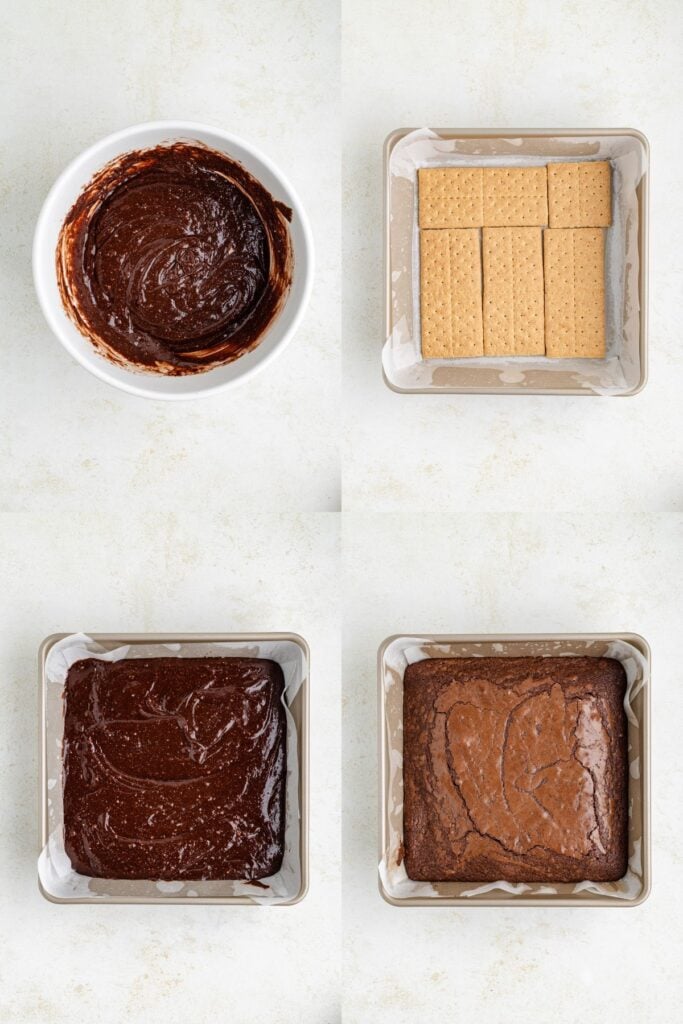 Four-step brownie process: mixing batter, layering graham crackers, spreading batter over crackers, and baked brownies in pan.