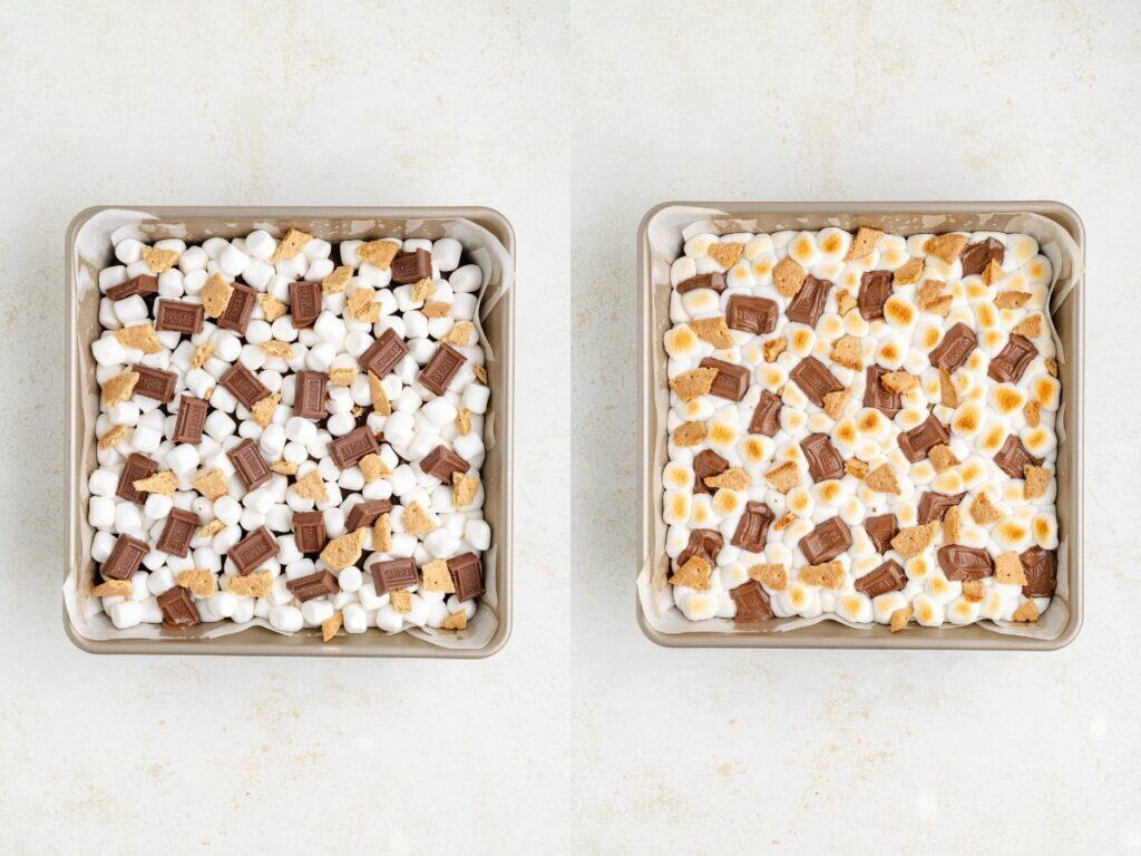 Side-by-side baking pan with unbaked smores ingredients on left, toasted marshmallows after baking on right.