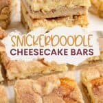 Stacked snickerdoodle cheesecake bars with cinnamon sugar topping and cheesecake layer, labeled Snickerdoodle Cheesecake Bars.