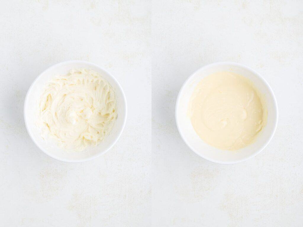 Two white bowls: one with whipped cream cheese, the other with smooth cream cheese and heavy cream.