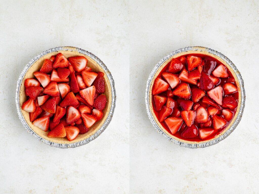 Two strawberry pies: one topped with fresh slices, the other with strawberries coated in glossy red glaze.