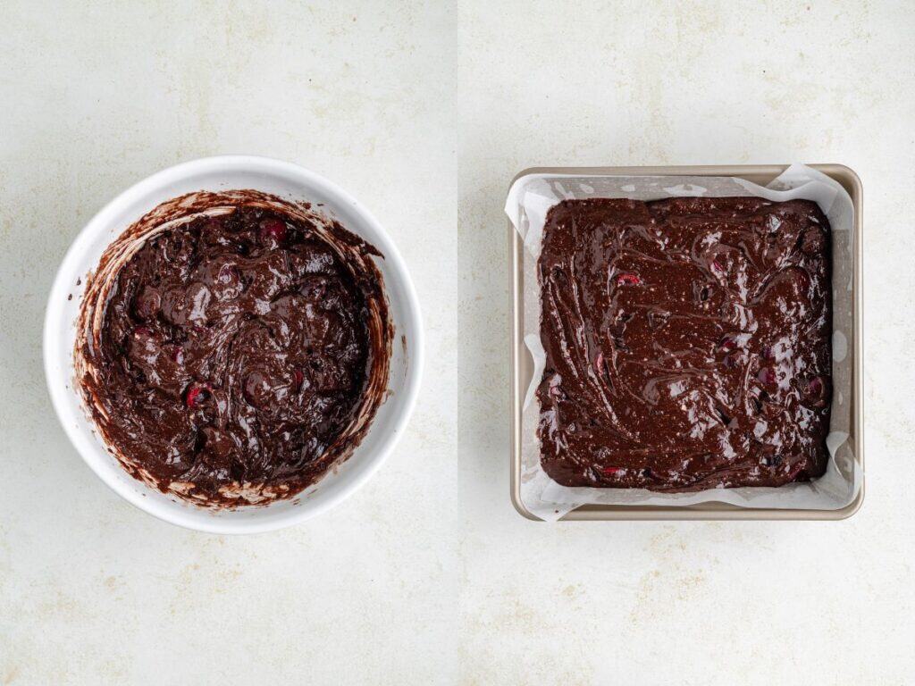 Left: Bowl of chocolate cherry brownie batter. Right: Batter spread in parchment-lined square pan, ready to bake.