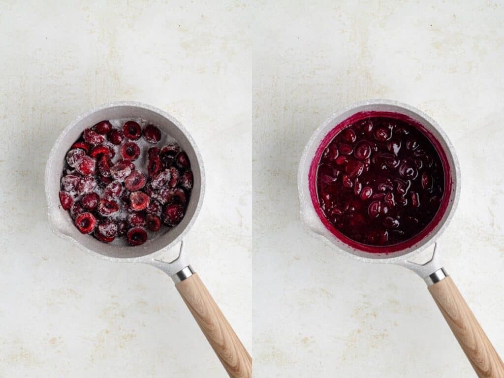 Two saucepans: left with raw cherries and sugar, right with cooked cherries in syrup on light countertop.