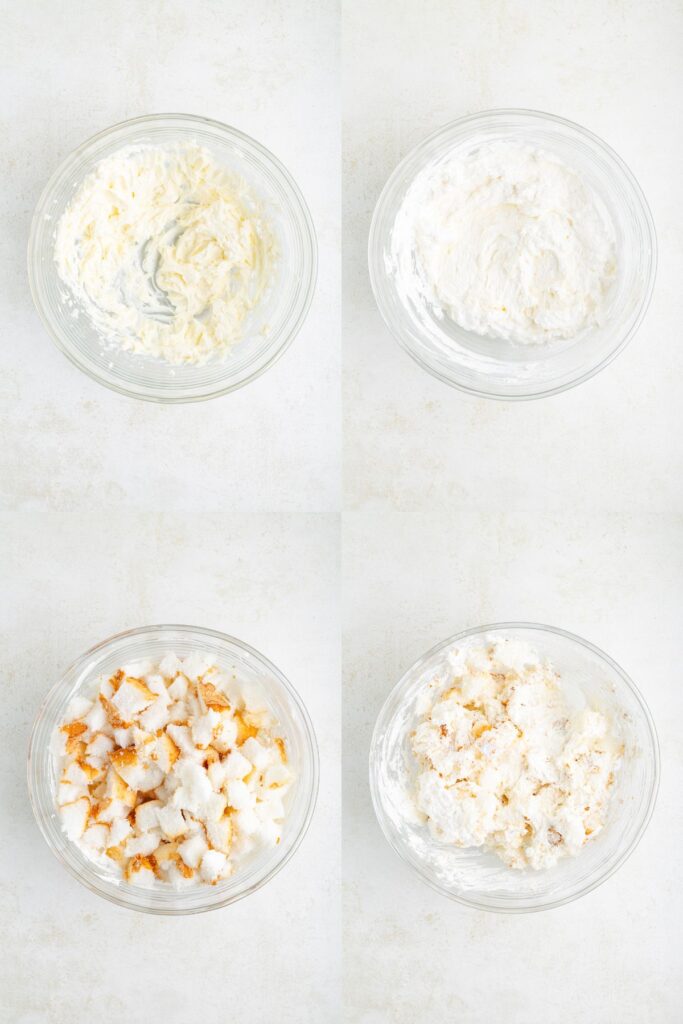 Four glass bowls showing progressive stages of mixing cake filling, from creamed mixture to fully combined with cake.