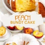 Sliced peach bundt cake with white icing, fresh peaches nearby, and recipe text from semihomemadekitchen.com.