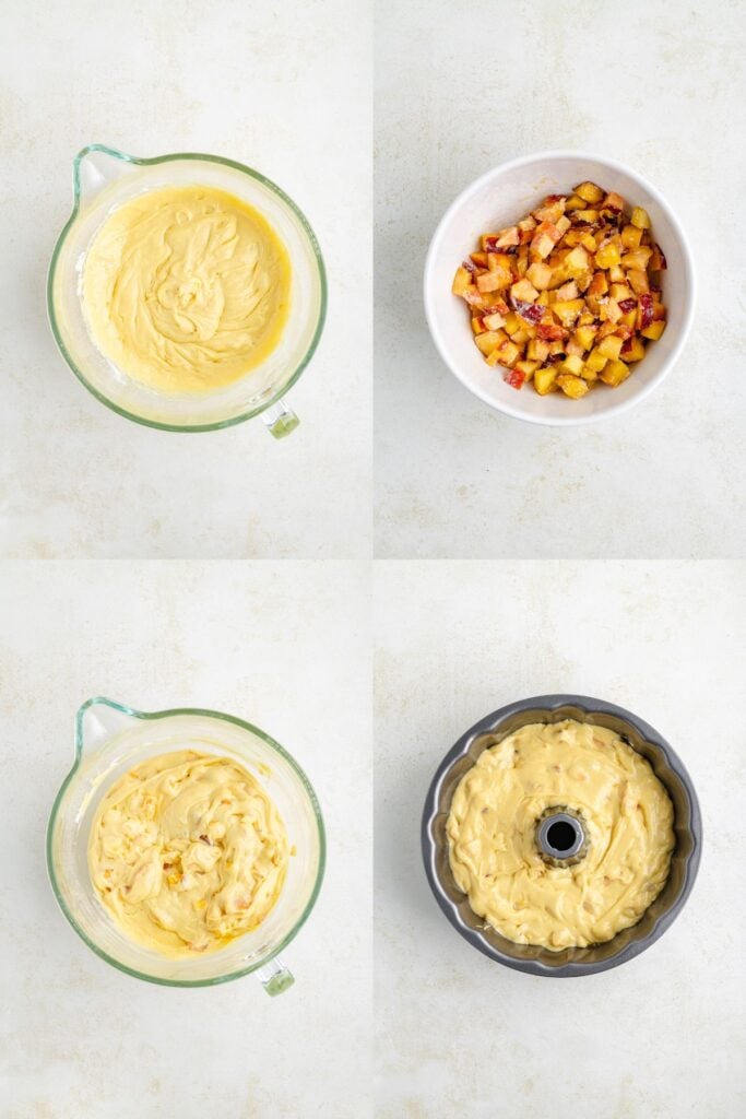 Step-by-step images of making a peach cake: batter, chopped fruit, combined mixture, and filled bundt pan.