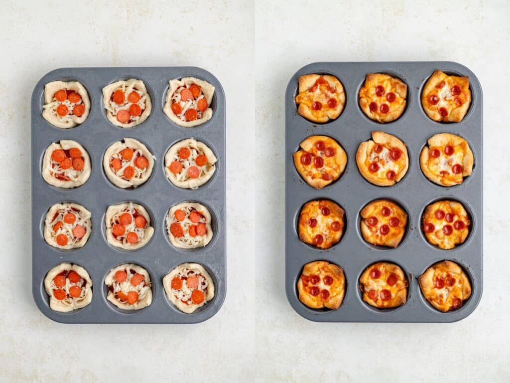 Muffin tin with mini pizzas, uncooked on the left and baked, golden brown on the right.