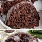 Chocolate zucchini bundt cake with glossy glaze, served whole and sliced on gray plate; zucchini and chocolate chips behind.