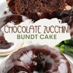 Whole and sliced chocolate zucchini bundt cake with glossy icing; text reads Chocolate Zucchini Bundt Cake.