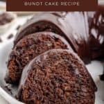 Sliced chocolate zucchini bundt cake with glossy glaze on white plate; text overlay: Zucchini Chocolate Bundt Cake Recipe.