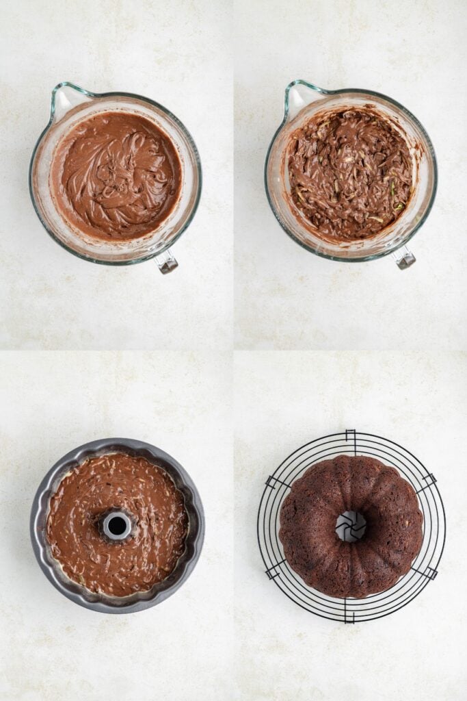 Four-panel image: making chocolate zucchini bundt cake, from mixing batter and zucchini to baking and cooling on rack.
