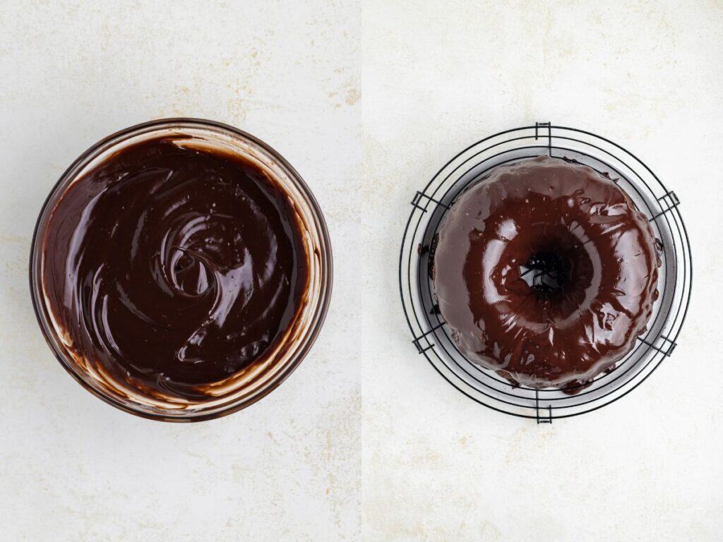 Bowl of chocolate glaze beside a chocolate-glazed bundt cake on wire rack, on light background.