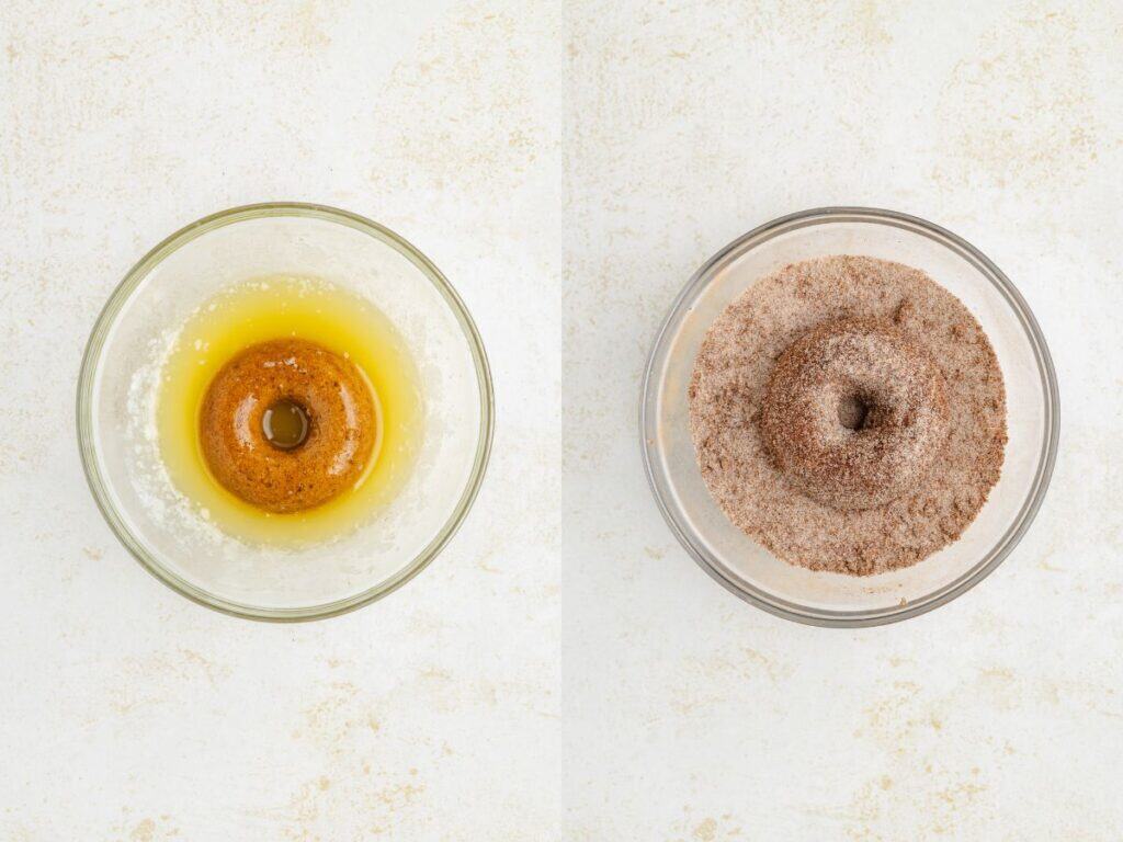 Baked donut in melted butter on the left, same donut coated in cinnamon sugar on the right.