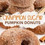Stack of cinnamon sugar pumpkin donuts on a cooling rack with text and website link visible on the image.
