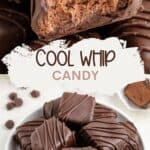 Close-up of chocolate-coated Cool Whip candy, one piece bitten to reveal creamy filling on a white plate.