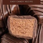 Close-up of homemade 3 Musketeers bars, one cut to reveal fluffy filling. Text: Homemade 3 Musketeers Easy Candy Recipe.