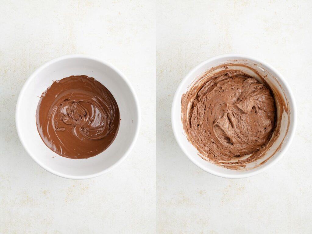 Two white bowls side by side: one with melted chocolate, the other with mixed chocolate frosting on a light surface.