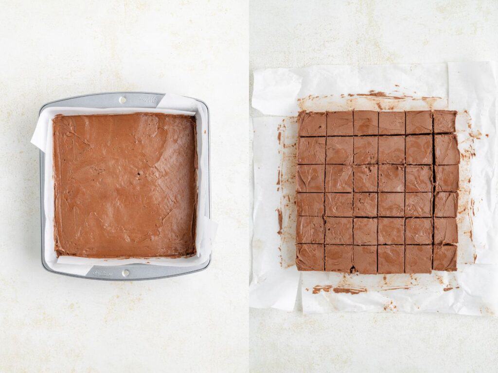 Square pan of chocolate candy beside thirty-six cut  squares arranged on parchment paper.