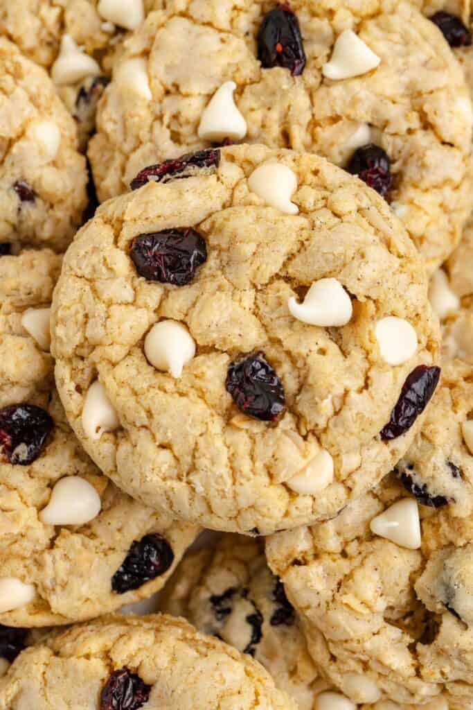 Close-up of cake mix cranberry white chocolate cookies.