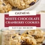 A plate and stack of oatmeal cookies with visible white chocolate chips and cranberries.