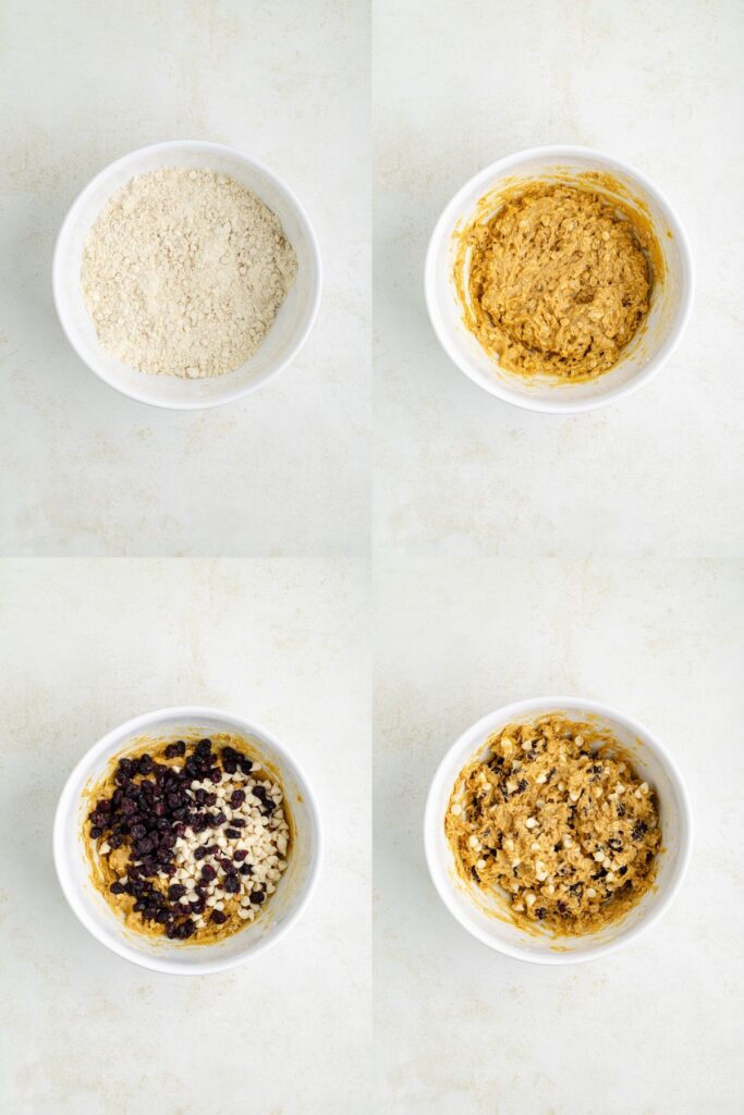 Four bowls in a grid display sequential cookie dough preparation steps, from dry ingredients to fully mixed dough.