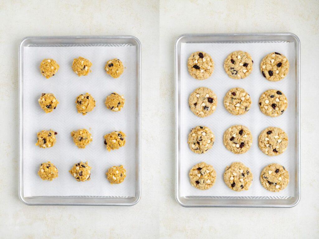 Two baking sheets: left with unbaked cookie dough balls, right with baked, slightly browned cookies.