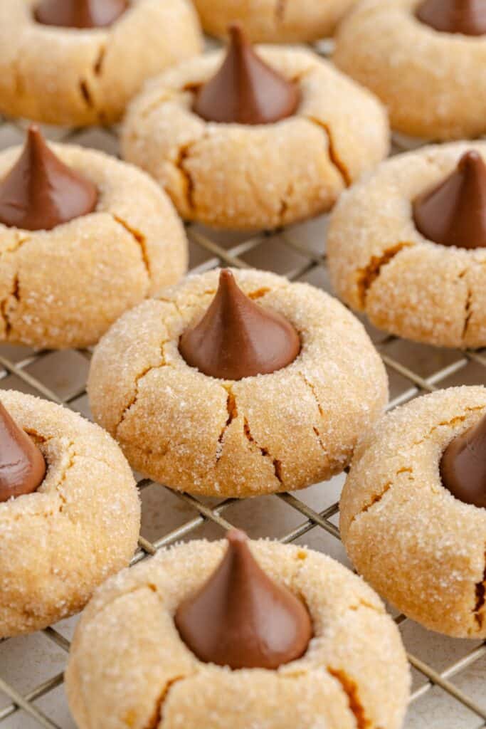 Peanut butter blossom cookies with chocolate kisses in the center cool on a wire rack.