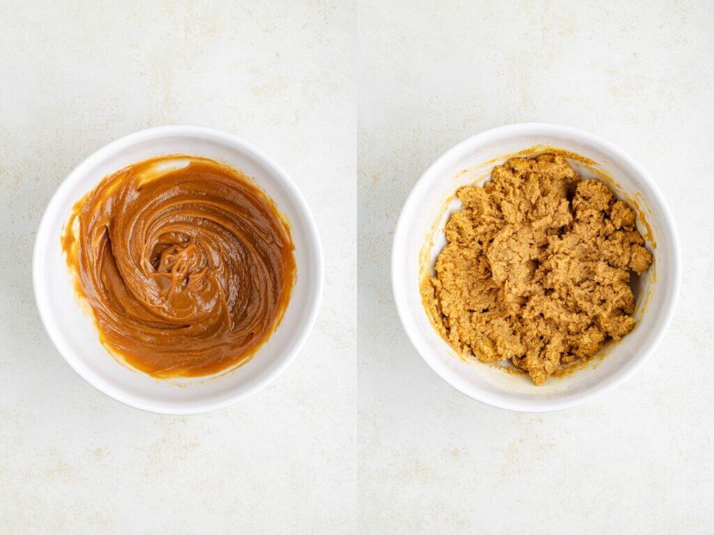 Two white bowls on a light surface: one with smooth peanut butter batter, one with thick, crumbly brown dough.