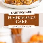 Pumpkin Earthquake Cake slice with cream cheese swirls and chocolate chips on a plate, text: Earthquake Pumpkin Spice Cake.