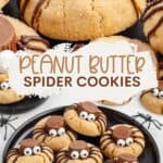 Peanut butter cookies decorated as spiders with candy eyes and chocolate, with recipe text from semihomemadekitchen.com.