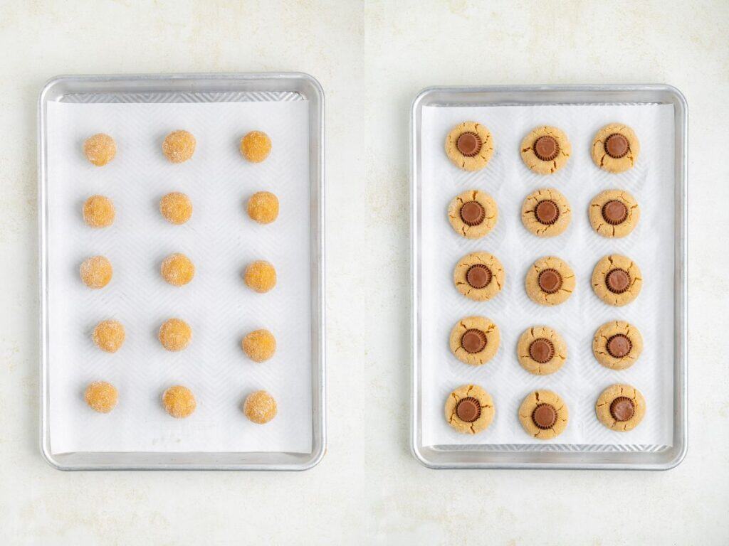 Unbaked cookie dough balls on one baking sheet, baked cookies with chocolate candies on the other.