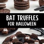 Bat Truffles with Oreos and candy eyes arranged on plates and cookies for a festive Halloween treat.