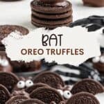 Chocolate truffles with candy eyes and Oreo wings look like bats, placed on a white surface.