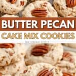 Butter Pecan Cookies made from cake mix, topped with pecans, arranged on a wooden board with parchment paper.